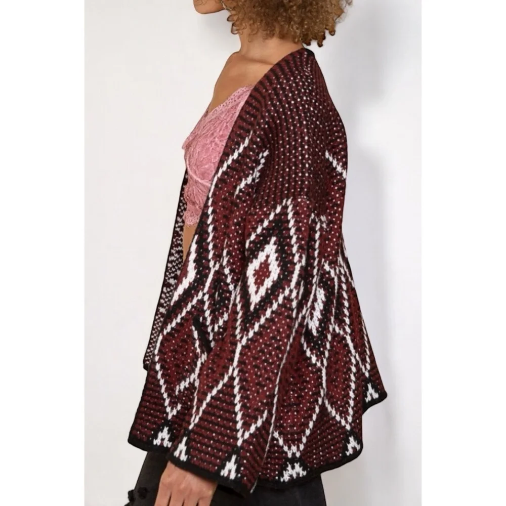POL Burgundy Black Diamond Knit Cardigan | Chunky Southwestern Boho Sweater - Picture 3 of 9